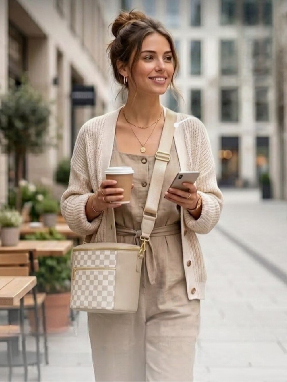 Beige Checker Accent Crossbody Bucket Bag